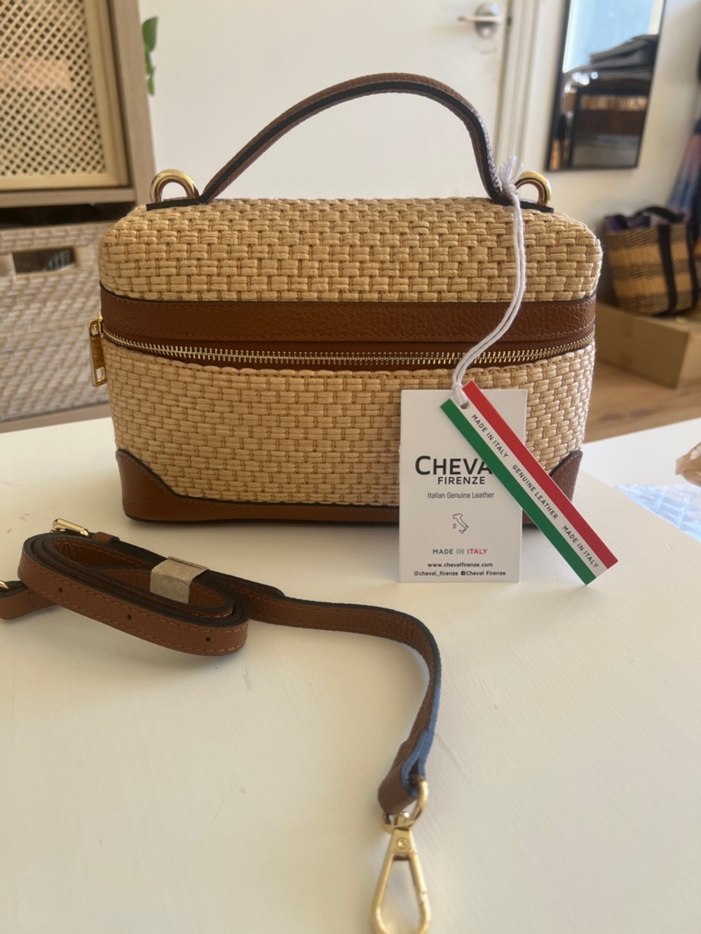 Cheval Firenze Woven Raffia & Leather Top Handle Crossbody Bag - Natural/Brown